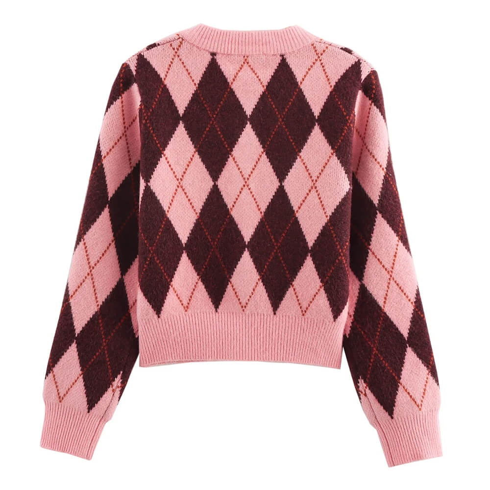 Pink & Red Argyle Pattern Cardigan