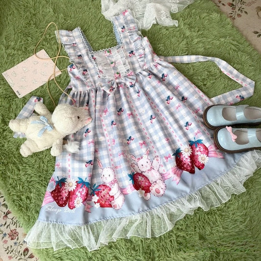 Plaid Strawberry Bunny Princess Dress Blue