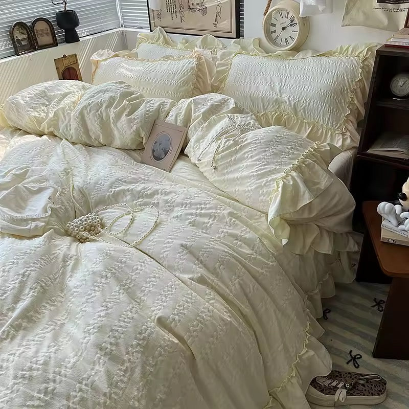 Korean Princess Ruffle Bedding Set Cream Yellow