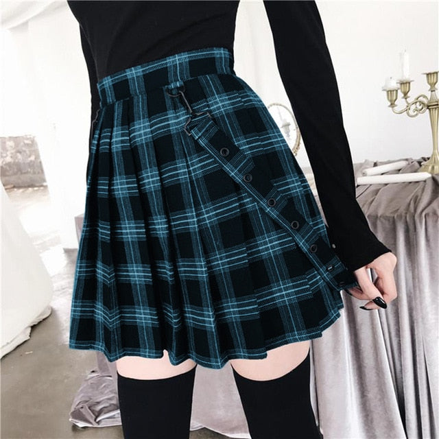 Plus Size Harajuku Gothic Yami Kawaii Fashion Plaid Pleated Mini Skirt (5 Colors) Blue