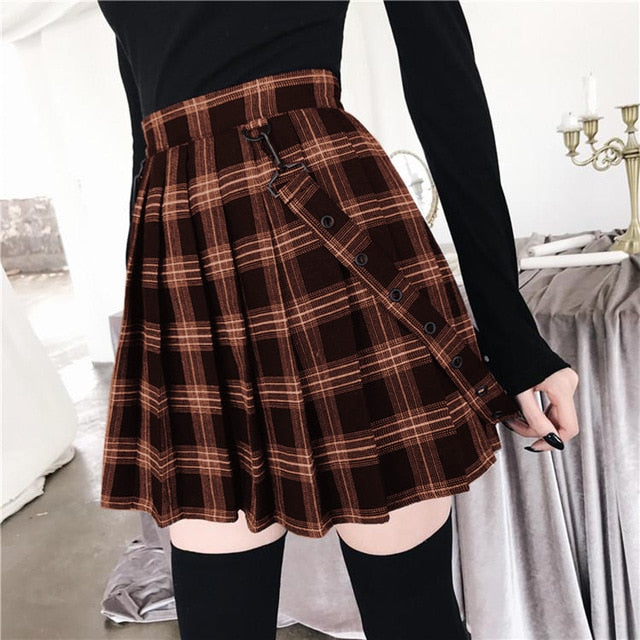 Plus Size Harajuku Gothic Yami Kawaii Fashion Plaid Pleated Mini Skirt (5 Colors) Brown