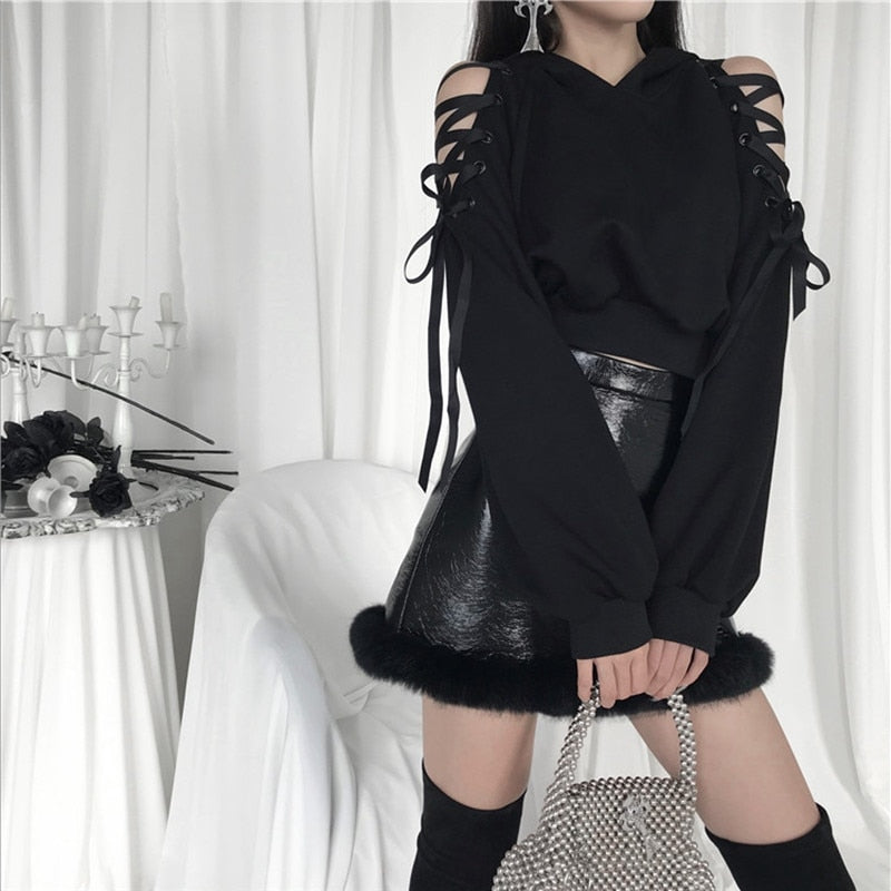 Goth Lace Up Sleeves Demon Hoodie Crop Top