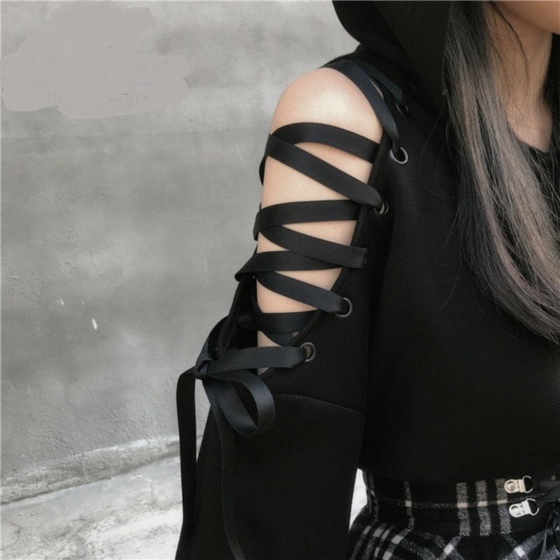 Goth Lace Up Sleeves Demon Hoodie Crop Top