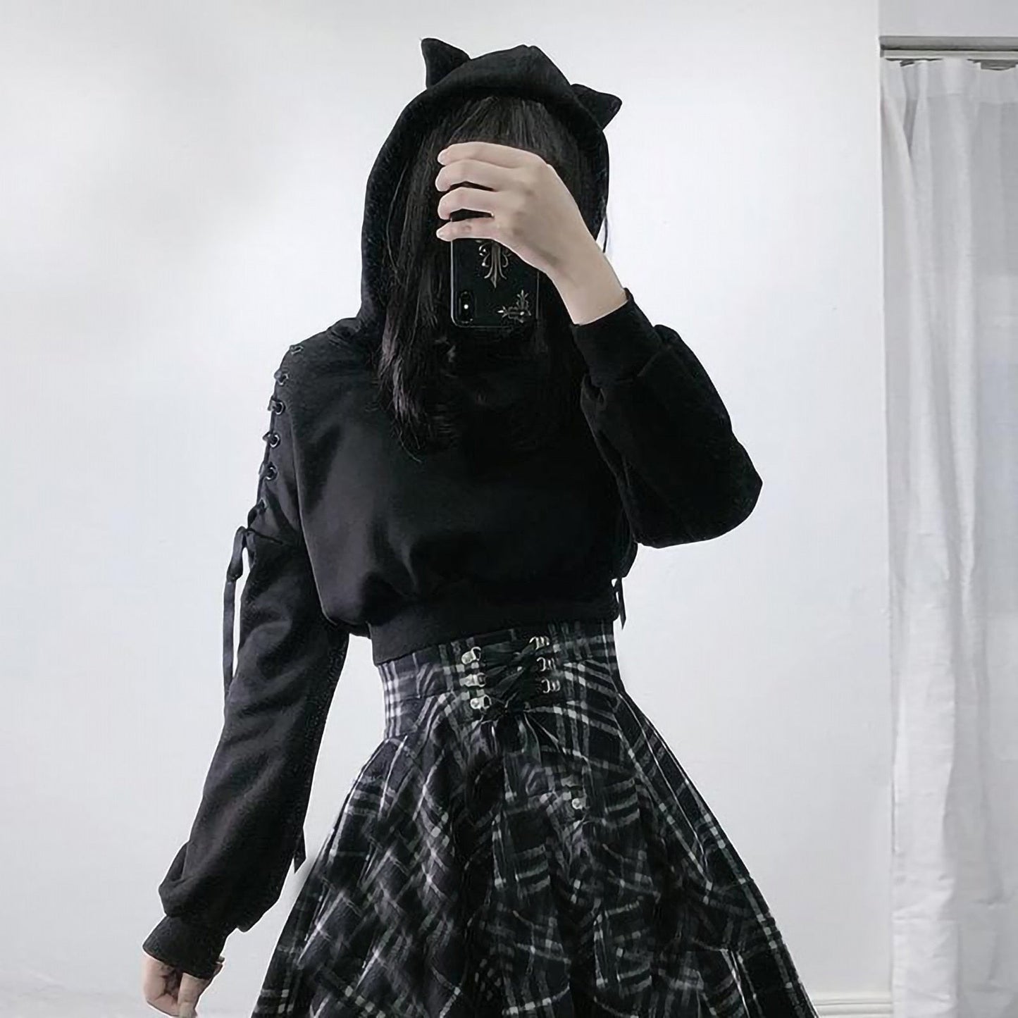 Goth Lace Up Sleeves Demon Hoodie Crop Top