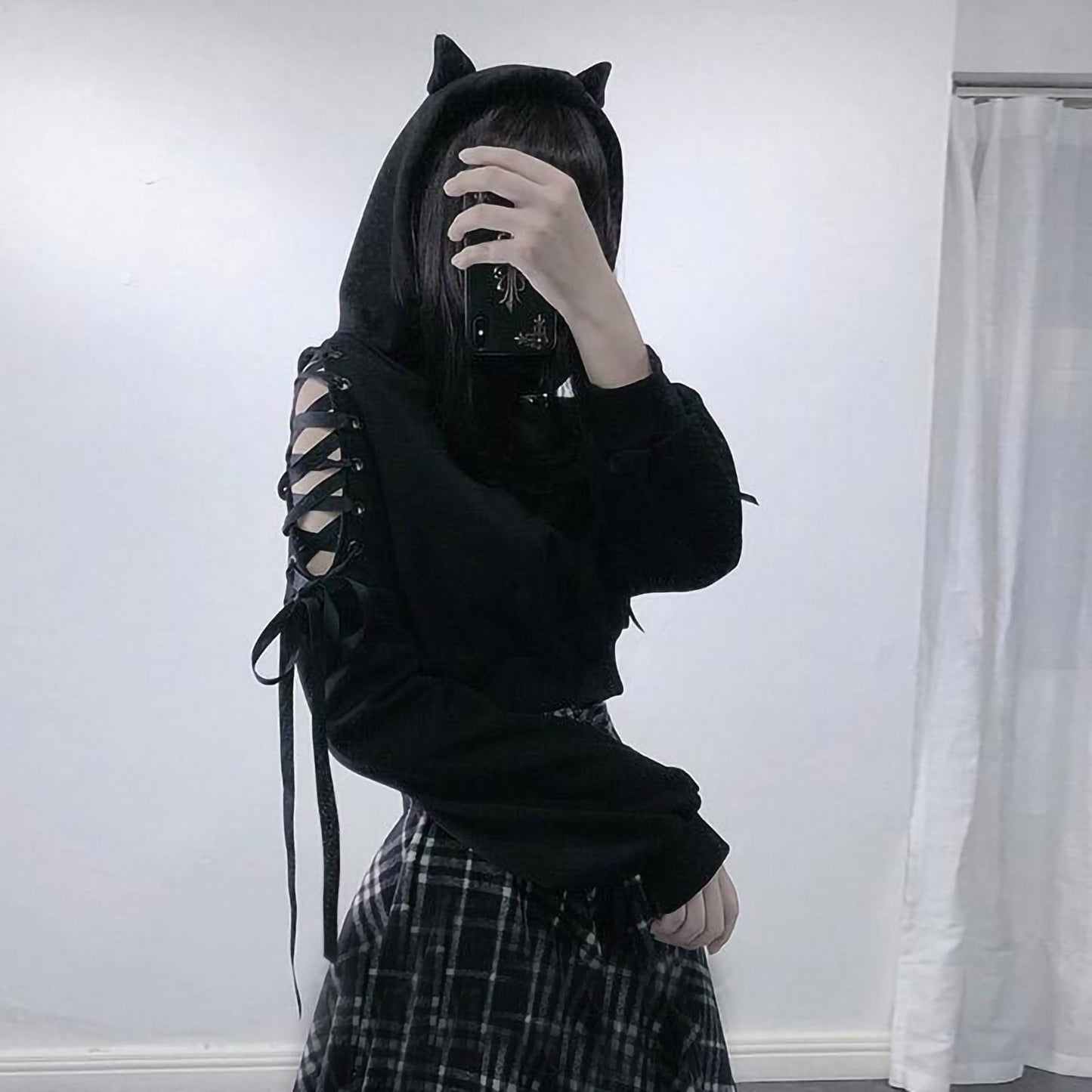 Goth Lace Up Sleeves Demon Hoodie Crop Top