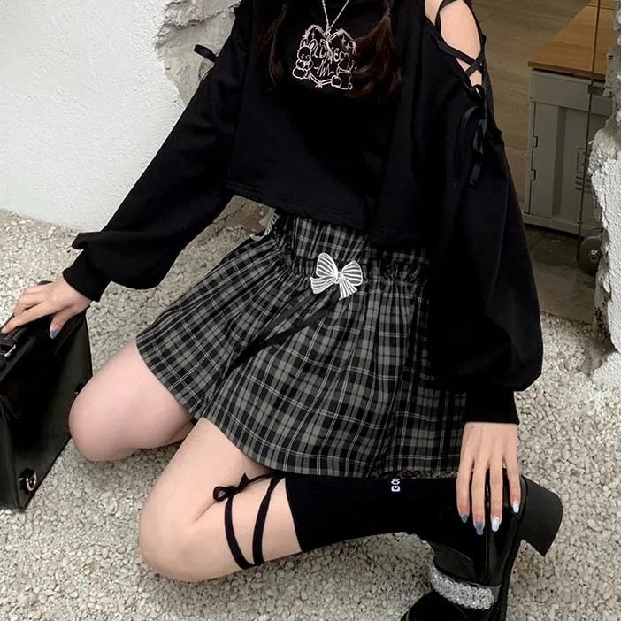 Harajuku Kawaii Fashion Gothic Y2K Bow Plaid Skirt