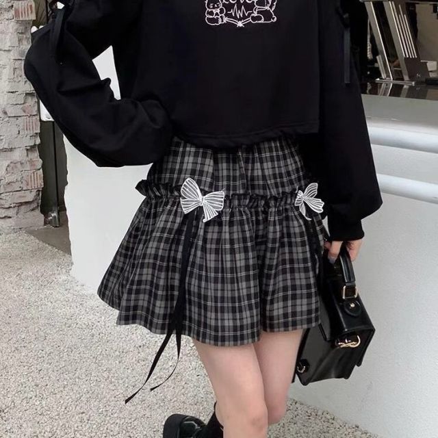 Harajuku Kawaii Fashion Gothic Y2K Bow Plaid Skirt Black Plaid