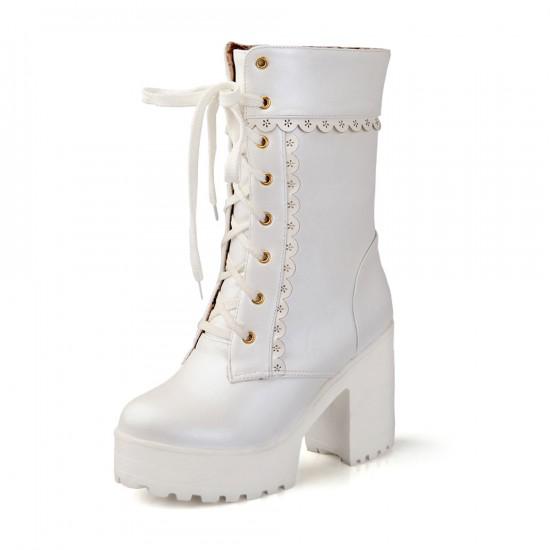 Chunky Lace Platform Boots White
