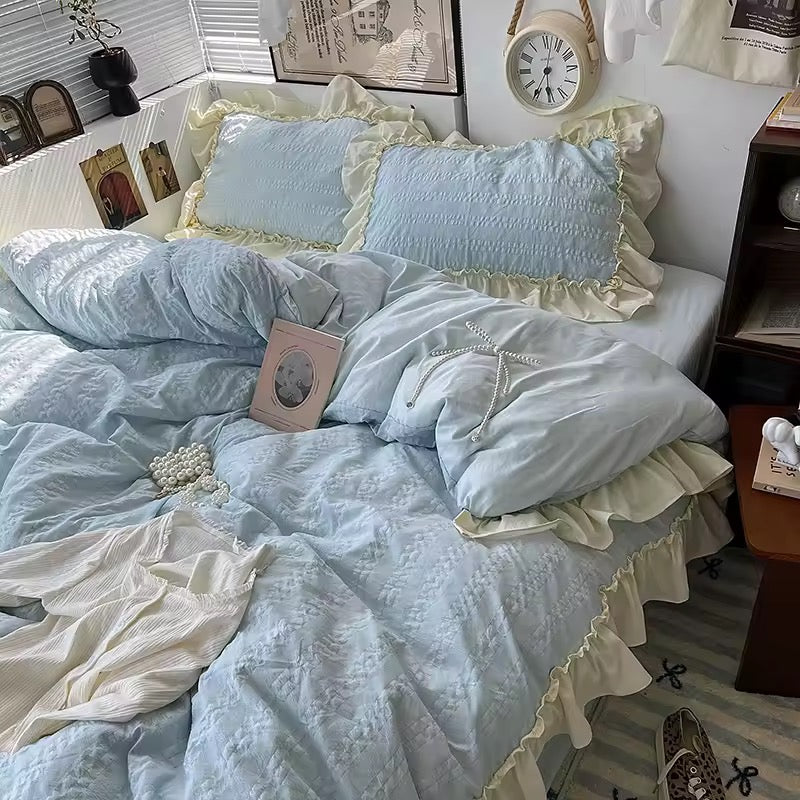 Korean Princess Ruffle Bedding Set Blue