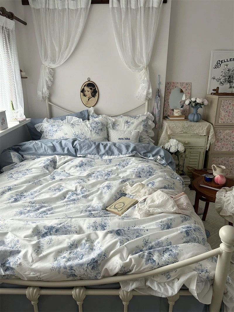 Blue Floral Ruffle Cotton Duvet Cover Set