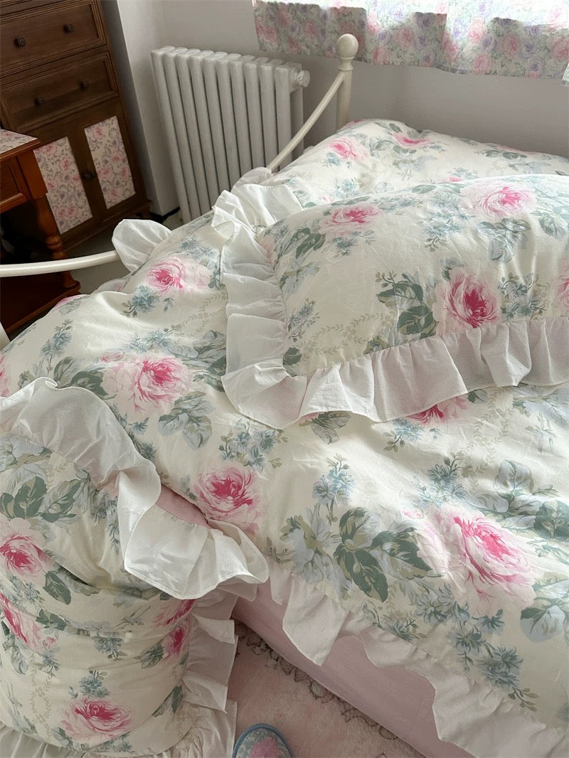 Pink Floral Ruffle Cotton Bedding Set