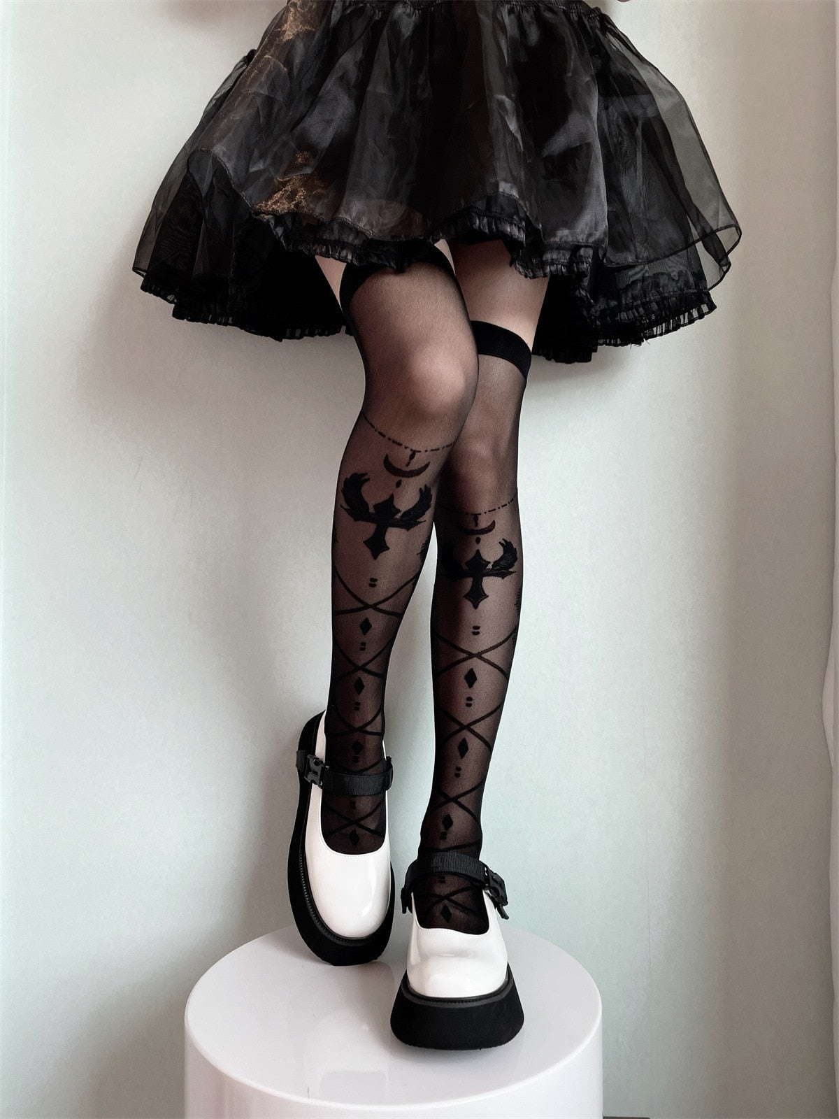 Sheer Ribbon Nylon Thigh Highs Black Cross