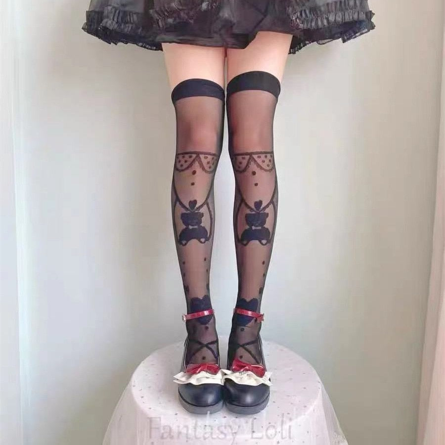 Sheer Ribbon Nylon Thigh Highs Black Teddy Bear