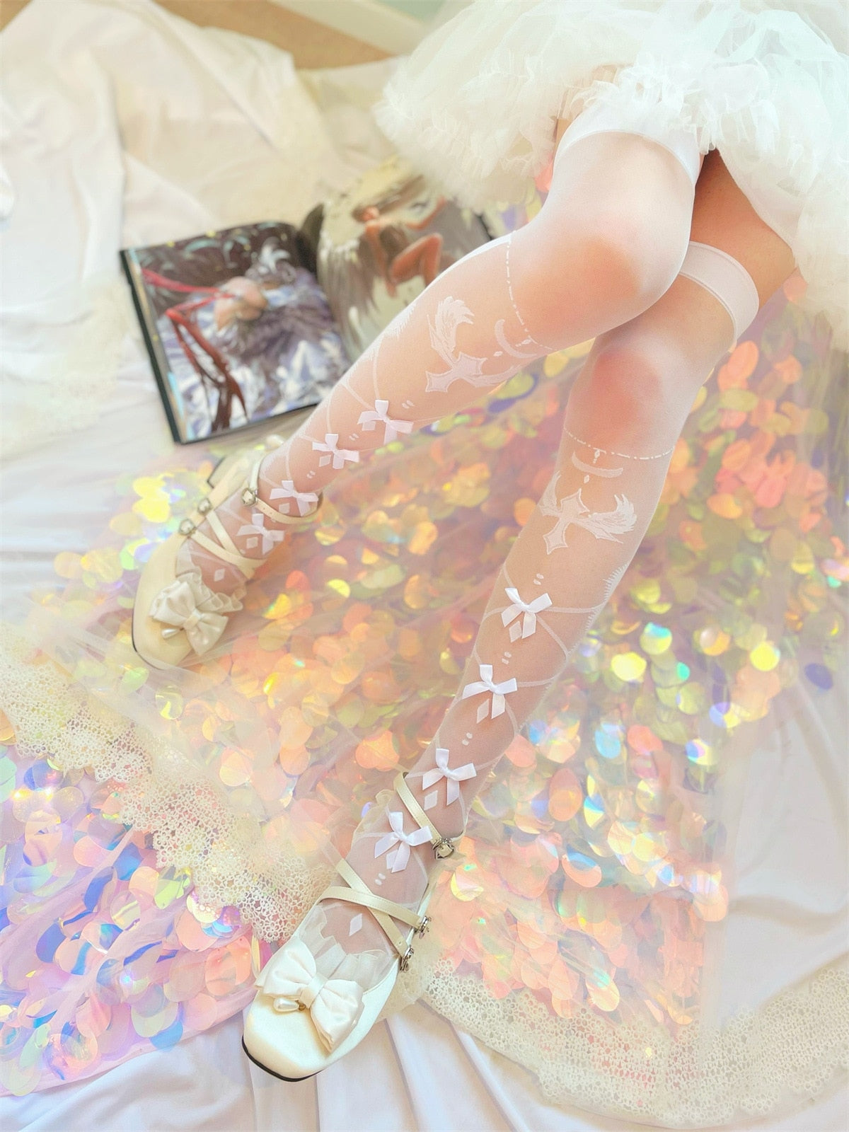 Sheer Ribbon Nylon Thigh Highs White Cross & Bows