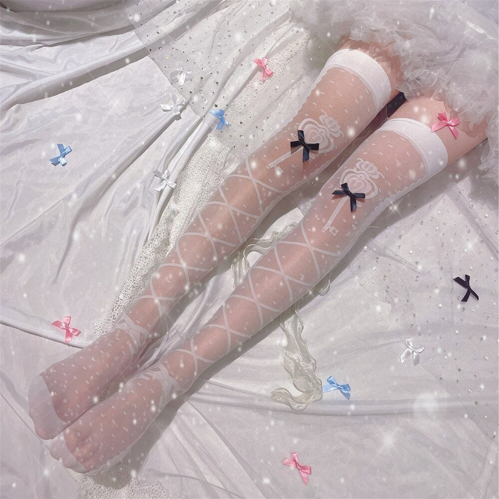 Sheer Ribbon Nylon Thigh Highs White Wands Black Ribbons