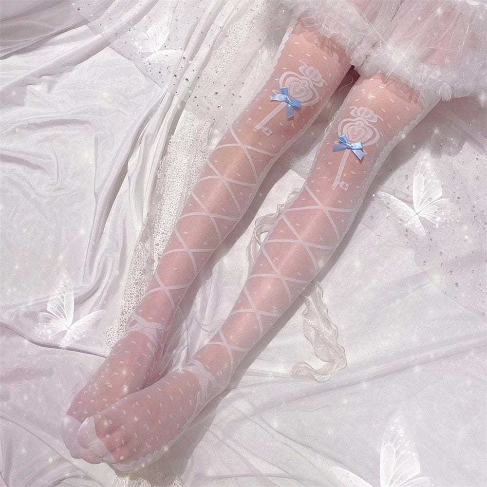 Sheer Ribbon Nylon Thigh Highs White Wands Blue Ribbons