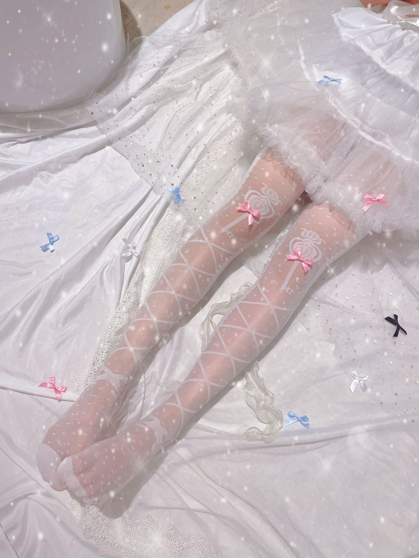 Sheer Ribbon Nylon Thigh Highs White Wands Pink Ribbons