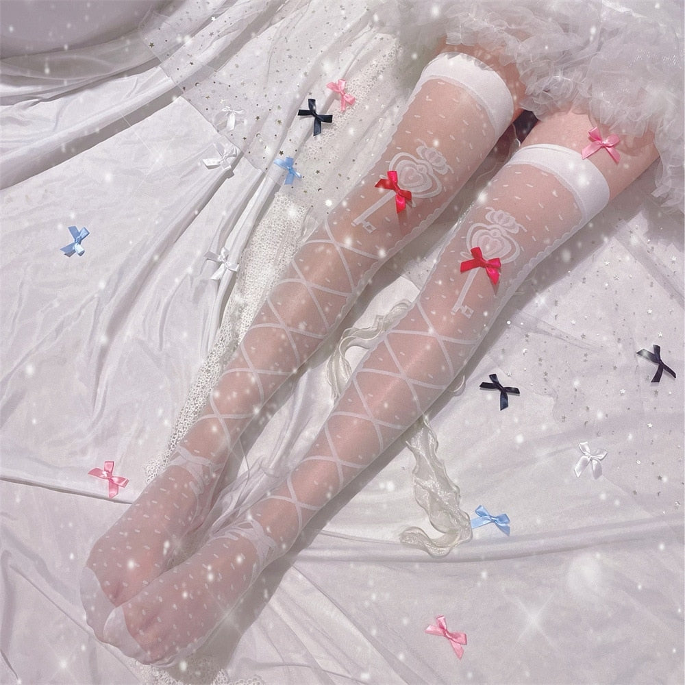 Sheer Ribbon Nylon Thigh Highs White Wands Red Ribbons
