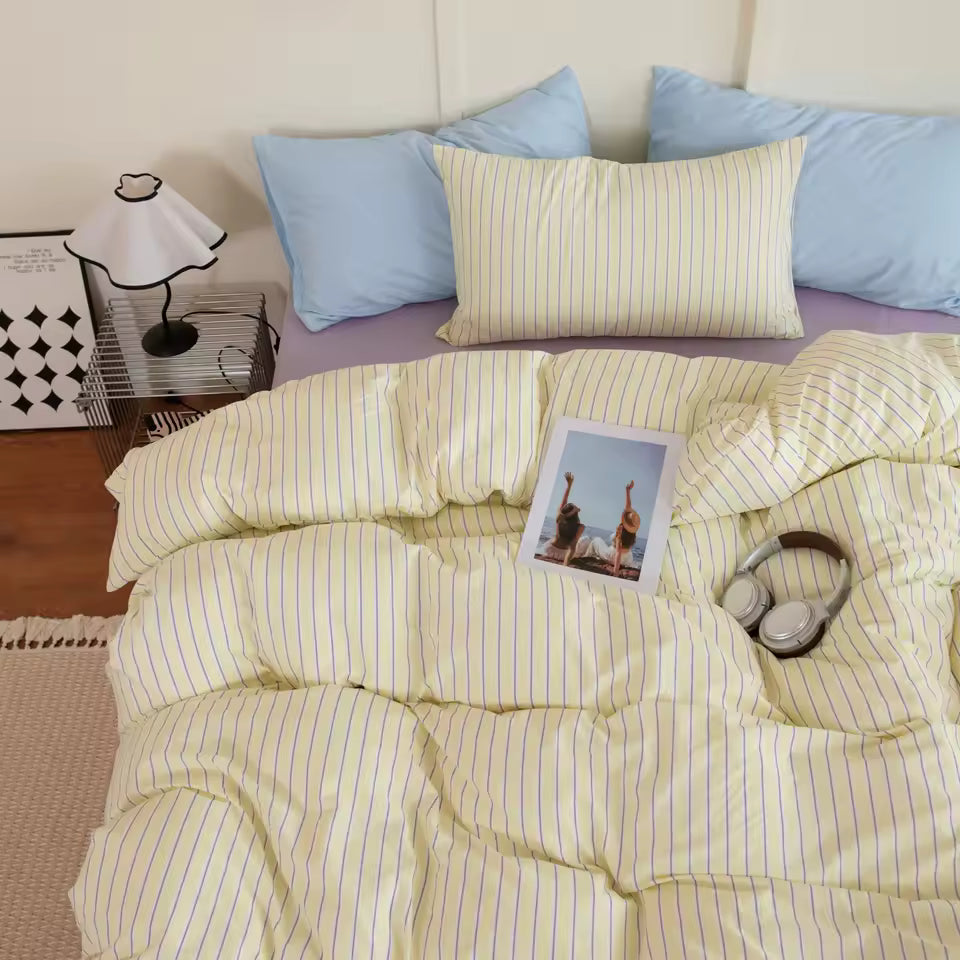 Pastel Yellow & Lilac Striped Bedding Set
