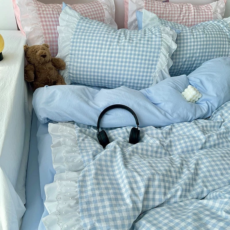 Gingham Lace Ruffle Bedding Set