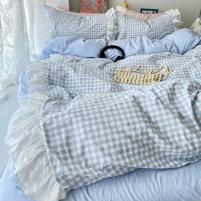 Gingham Lace Ruffle Bedding Set