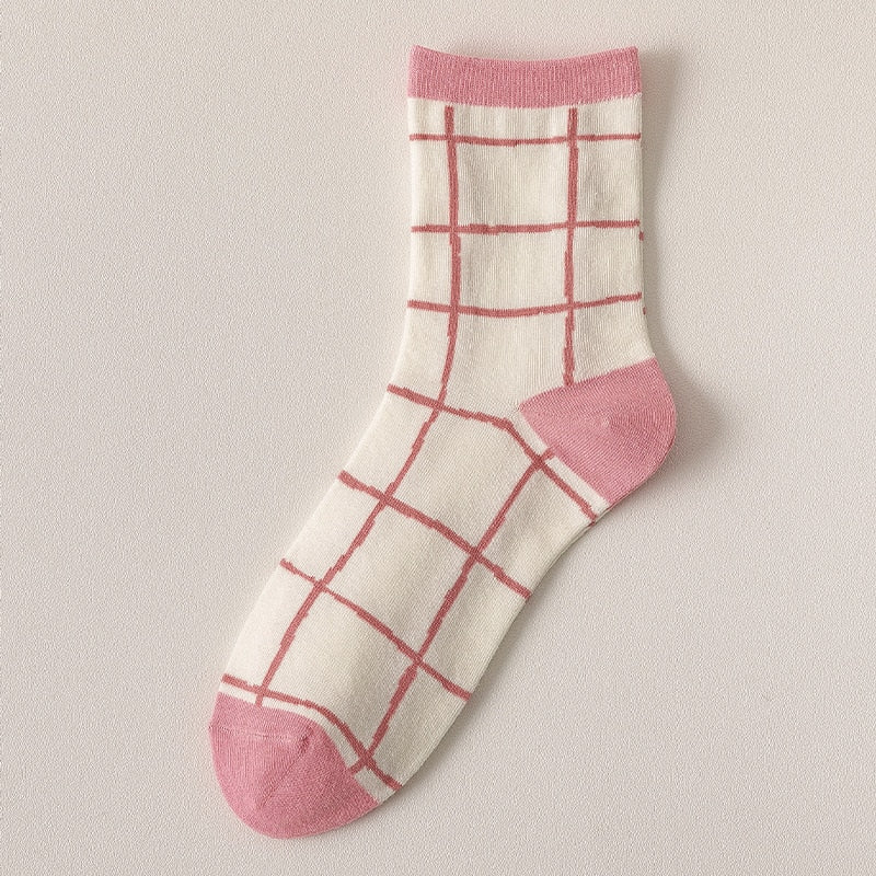 Spring Pink Floral Socks Plaid