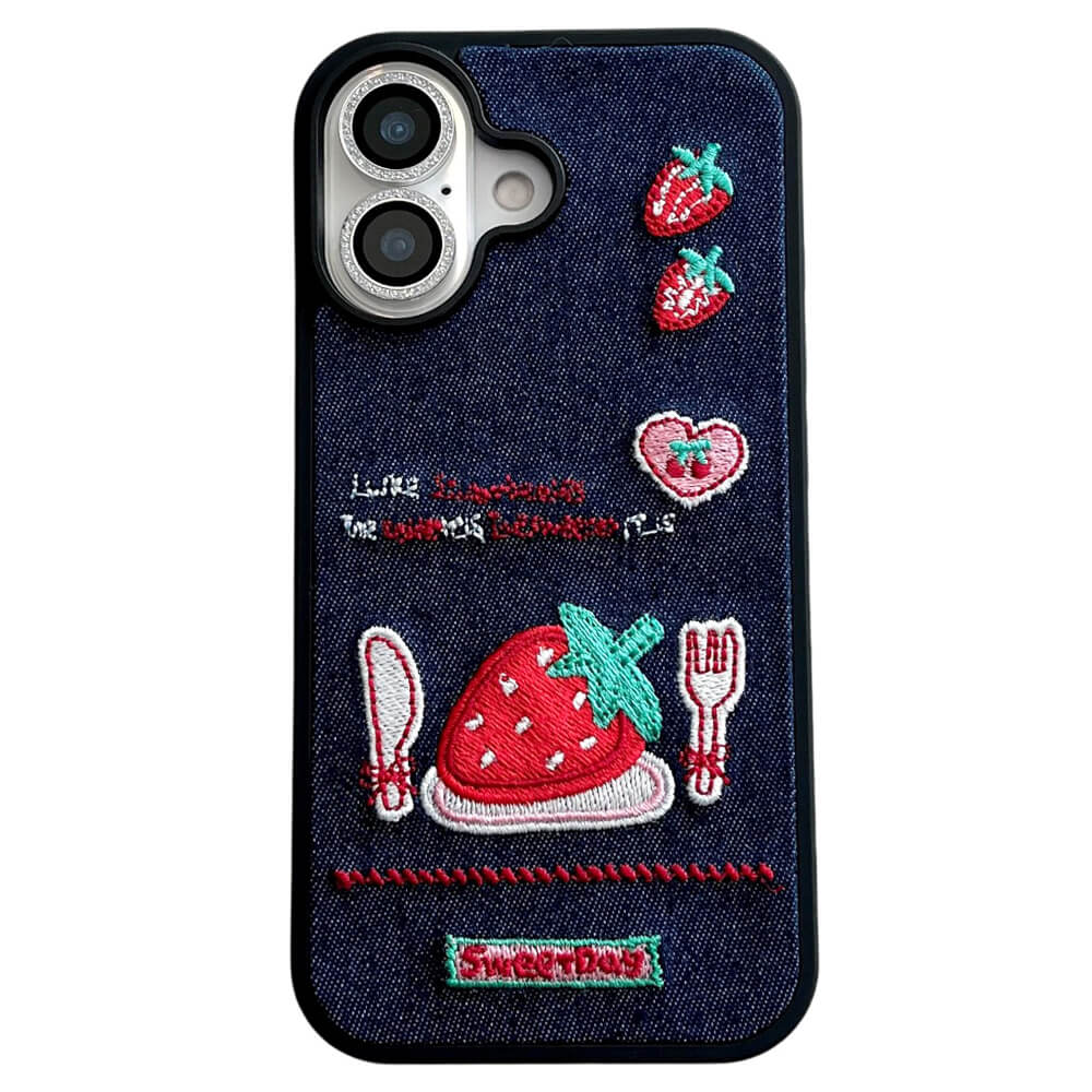 Strawberry Embroidery Denim iPhone Case Only Case