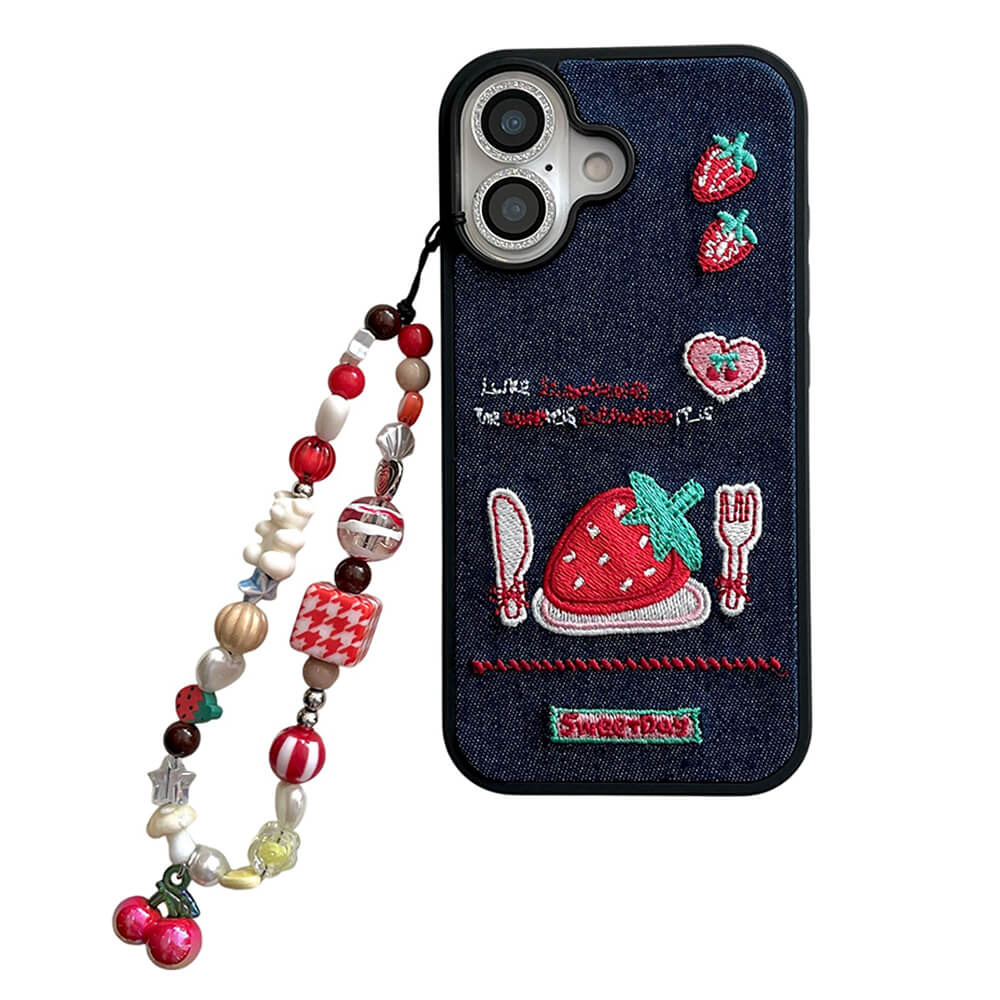 Strawberry Embroidery Denim iPhone Case With Beaded Strap