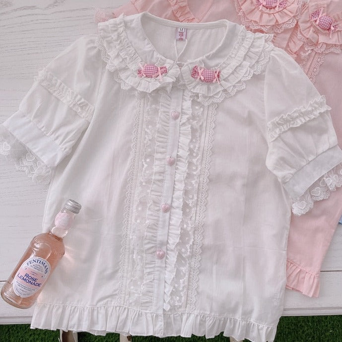 Sweet Ruffled Candy Blouse White - Short Sleeve