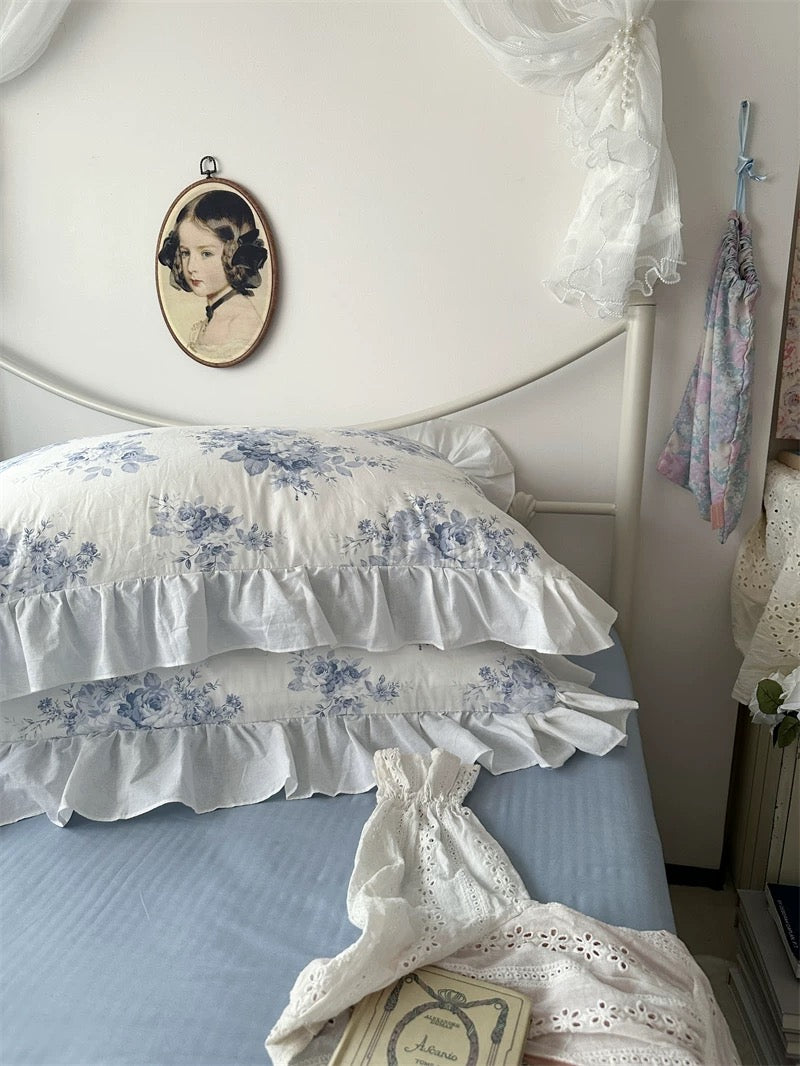 Blue Floral Ruffle Cotton Duvet Cover Set