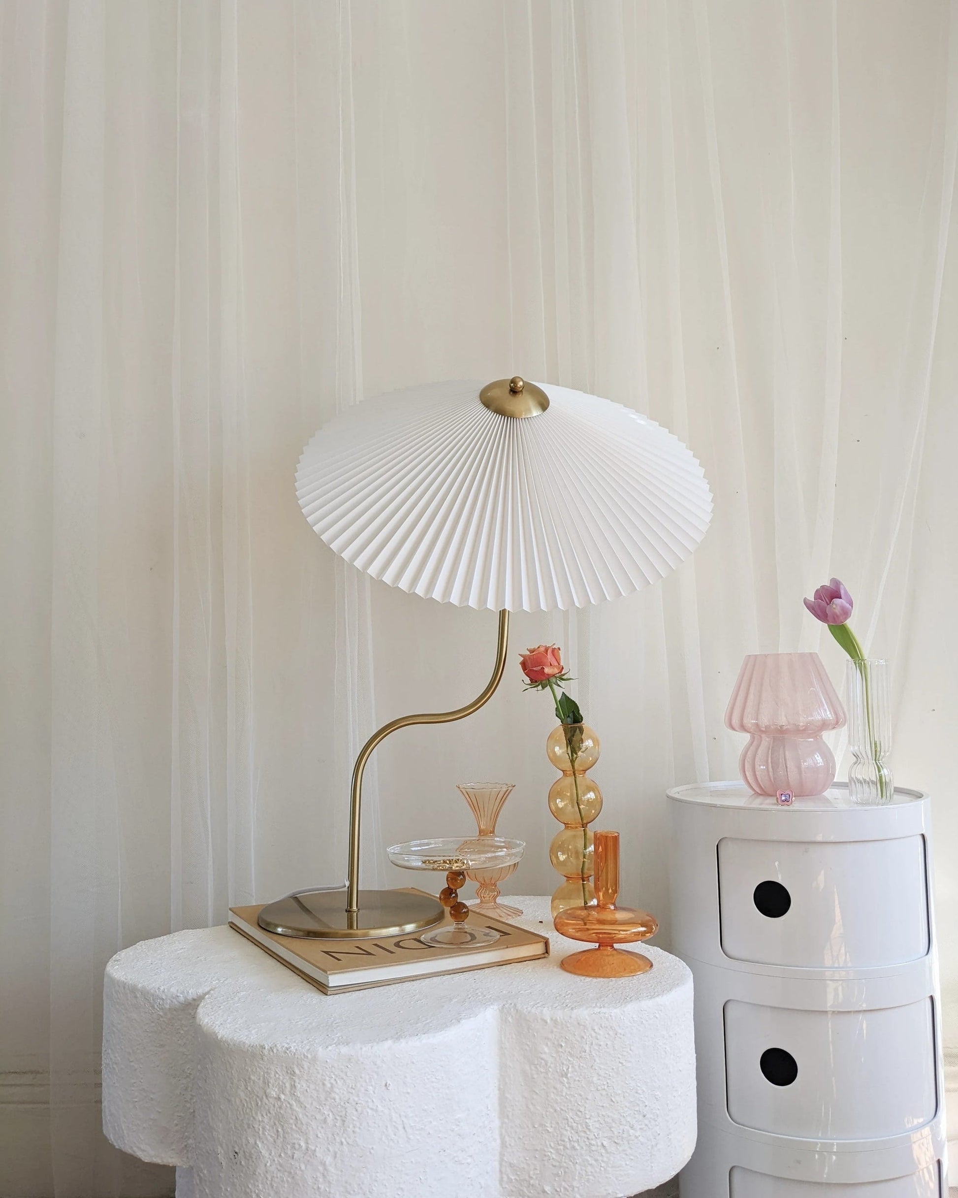 Pleated Brass Table Lamp White
