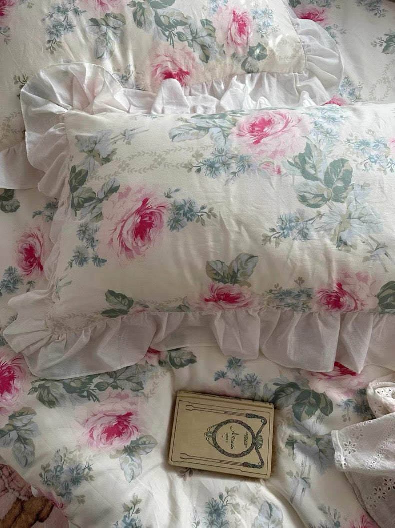 Pink Floral Ruffle Cotton Bedding Set