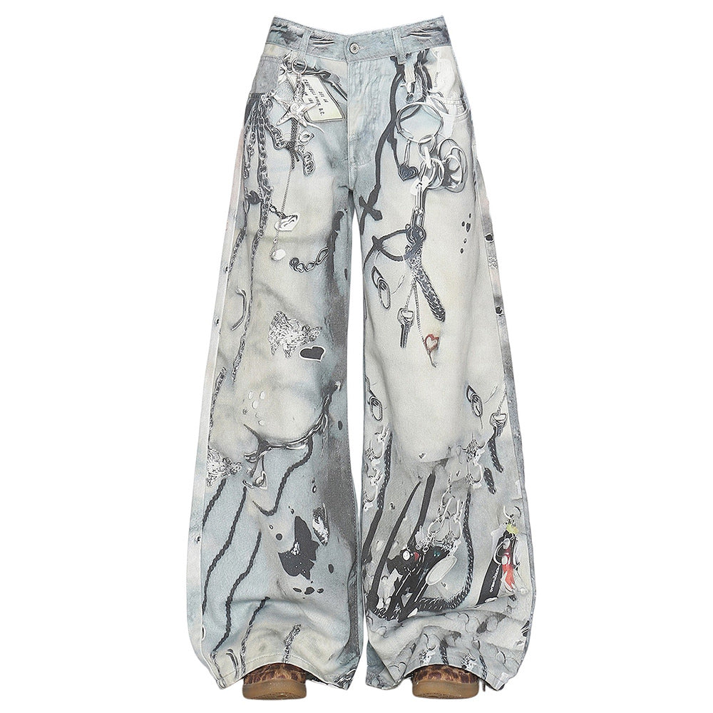 Washed Blue Chain Print Jeans Blue