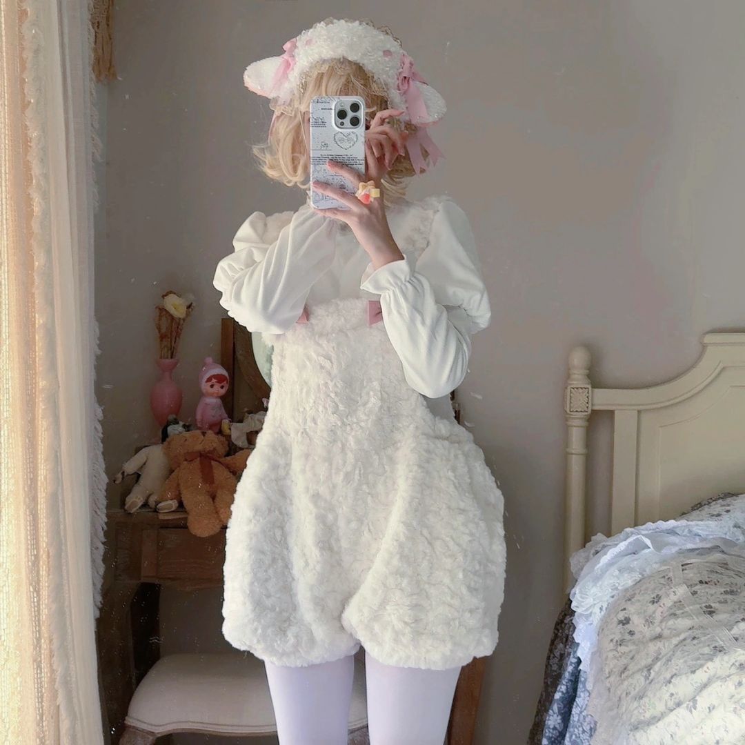 Soft Furry Rabbit Ear Overalls