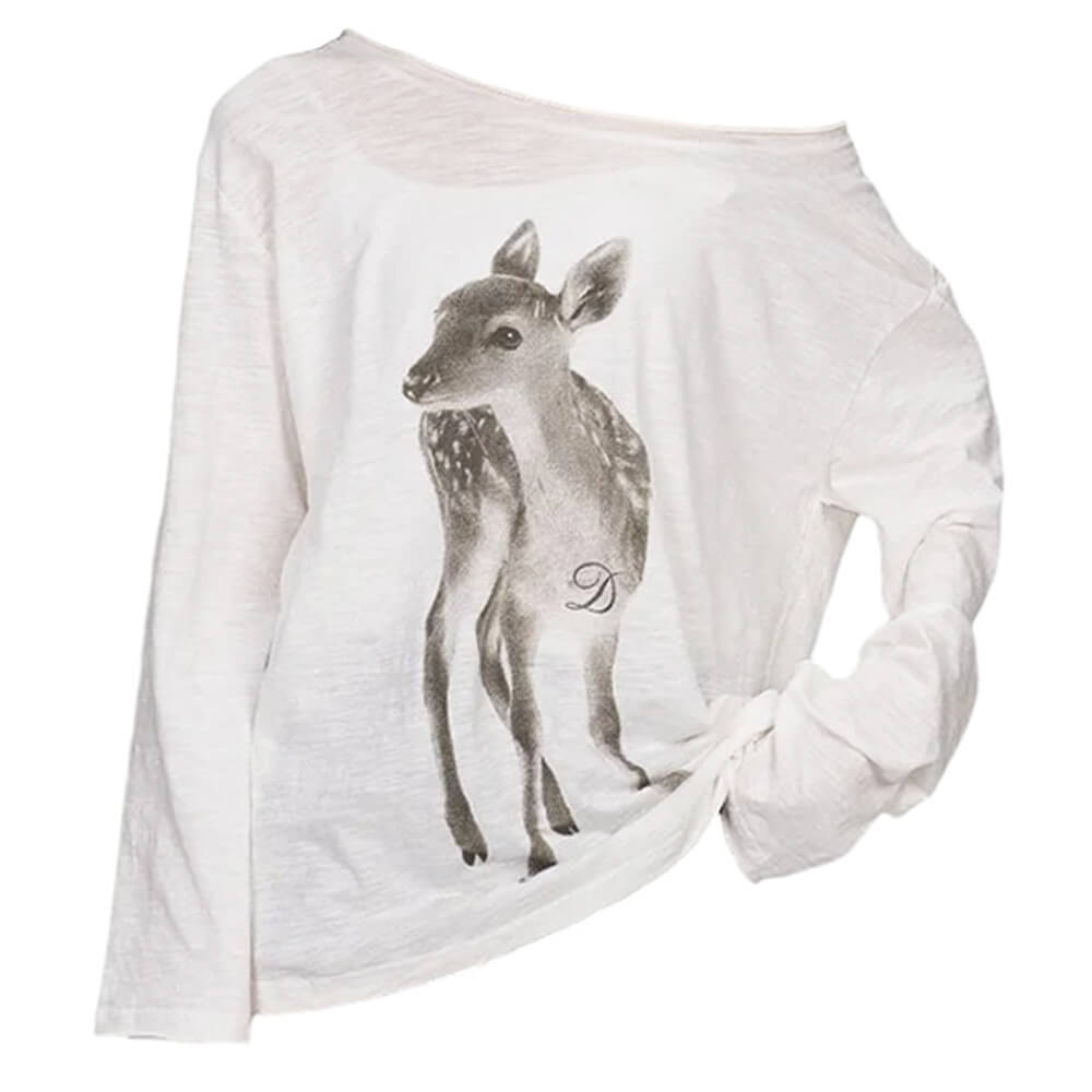 Y2K Deer Print One-Shoulder Top White