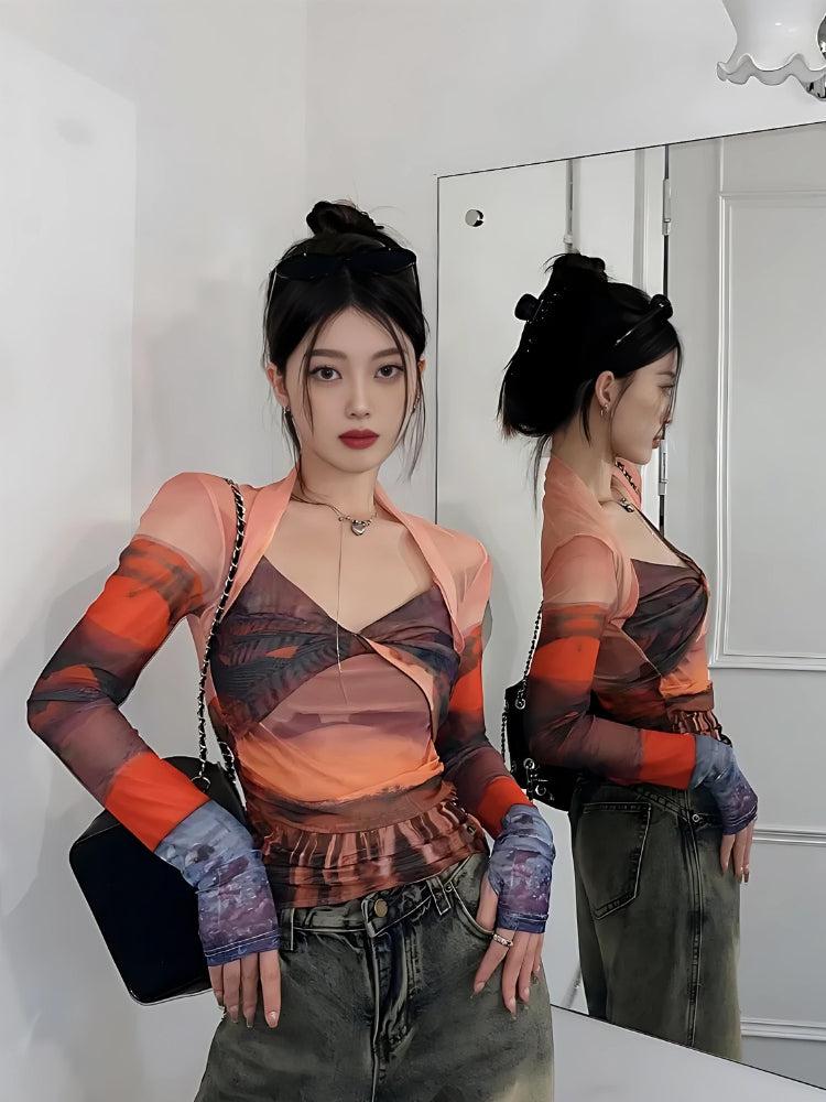 Y2K Sunset Mesh Top Orange