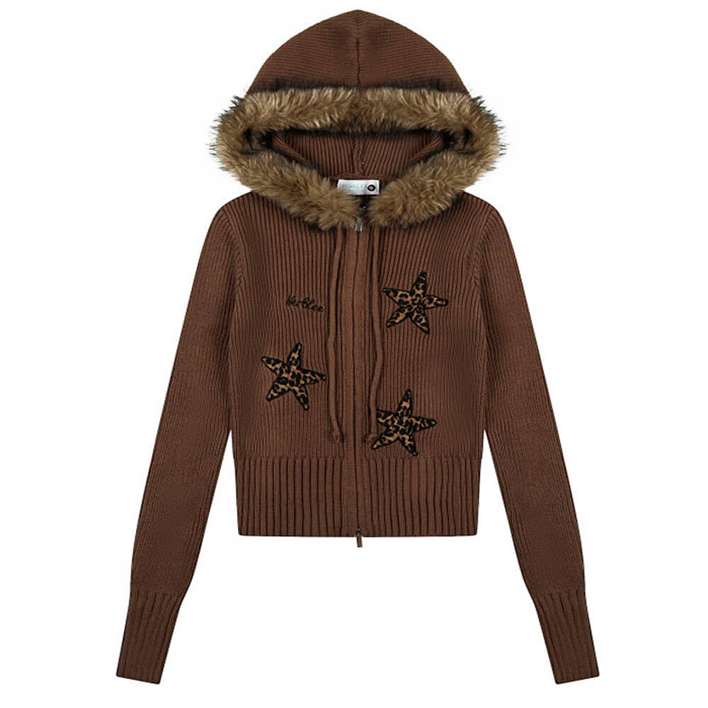 Y2K Star Fur Trim Zip Hoodie