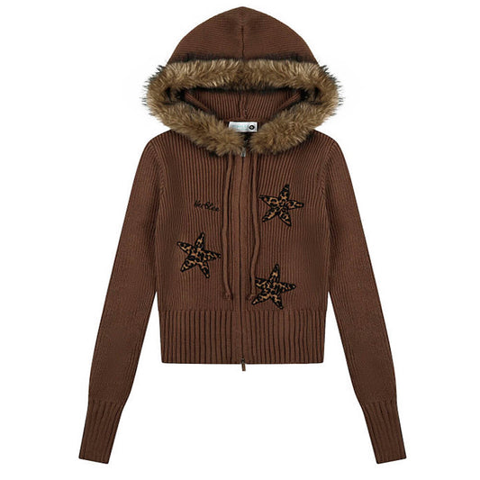 Y2K Star Fur Trim Zip Hoodie